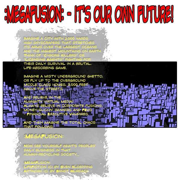 Title card reading :MegaFusion: - It's Our Own Future! with yellow text over a purple city skyline