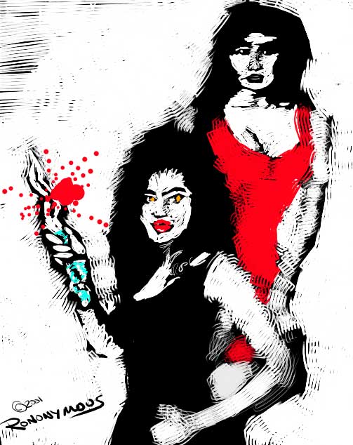 Black, white and red ink drawing of two dark-haired women, one in a red dress, one holding a bloody blade