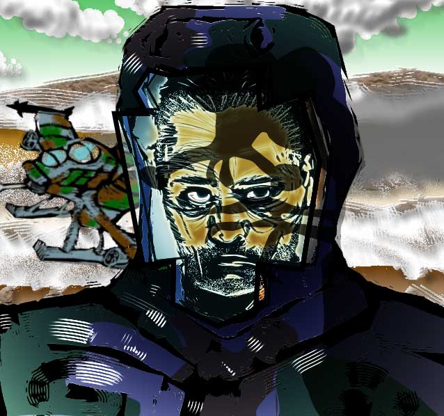 Sketchy painting of a grim bearded soldier in a helmet visor and dark armor, a gunship flying behind him