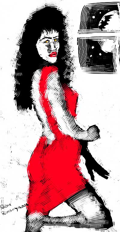 Ink drawing of a dark-haired woman in a tight red dress posing by a window