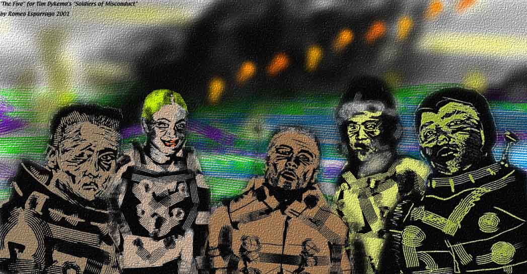 Group portrait of five rough-looking mercenaries, men and women, under a smoky sky
