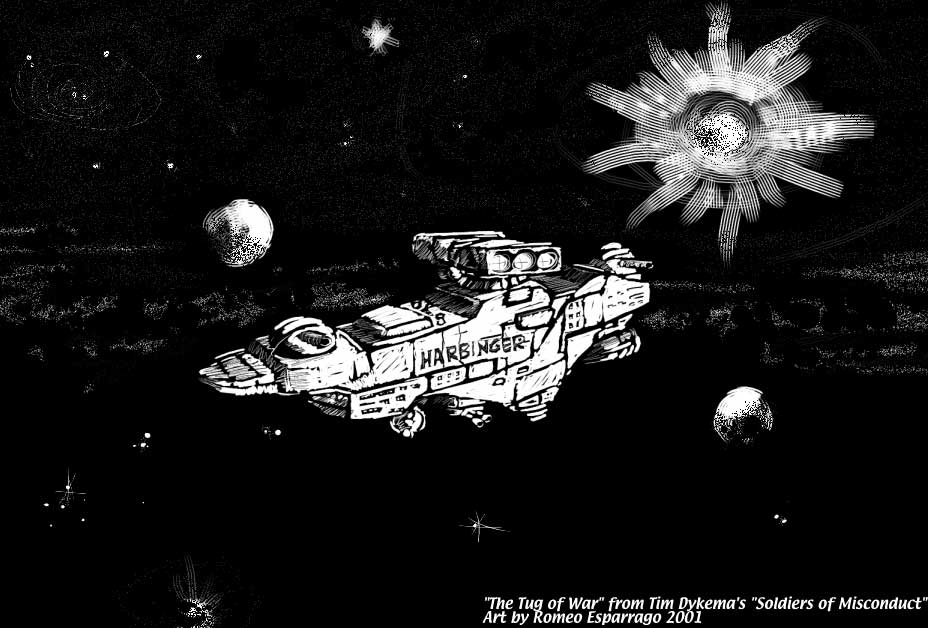 Black and white drawing of the mercenary spaceship Tug of War flying among planets and a spiky star