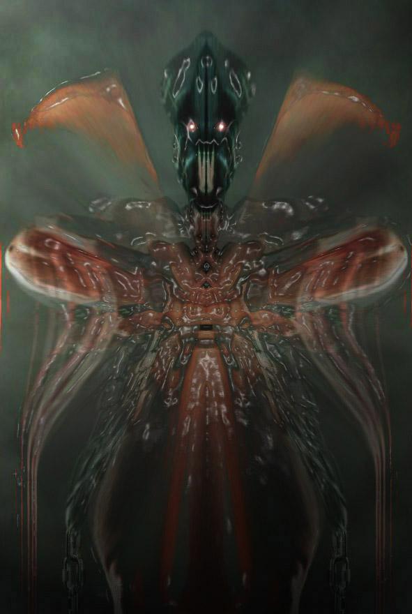 Dark digital art of a tentacled alien creature with glowing red eyes and translucent fins