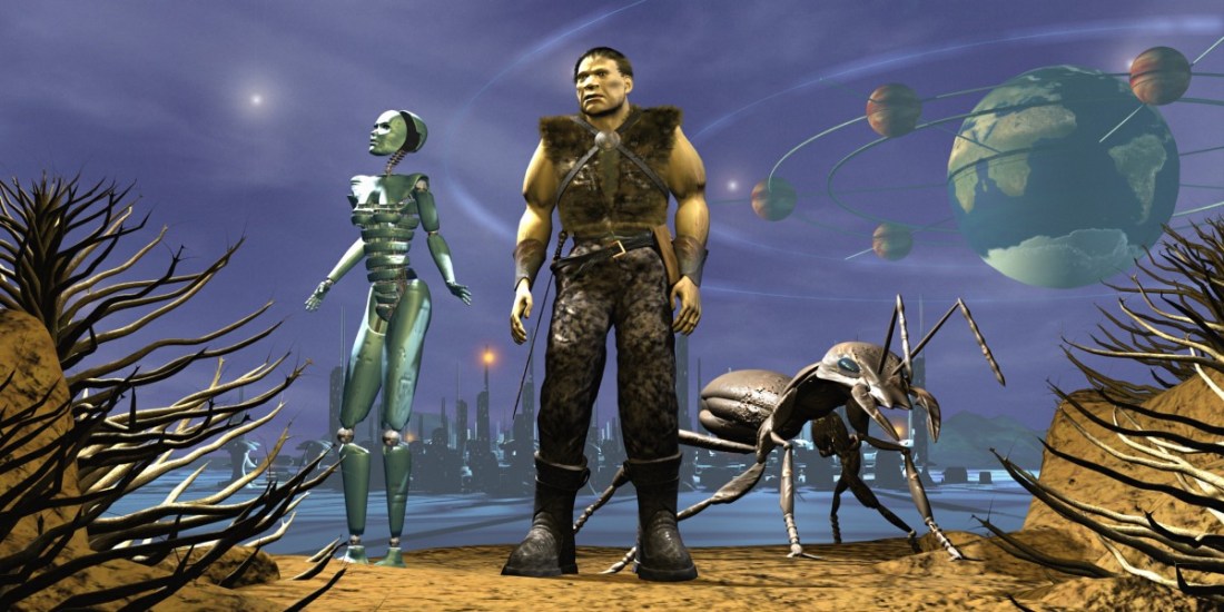 Wide digital scene of a muscular man and a slender green android woman beside a sleek alien bike, planets hanging in a blue sky