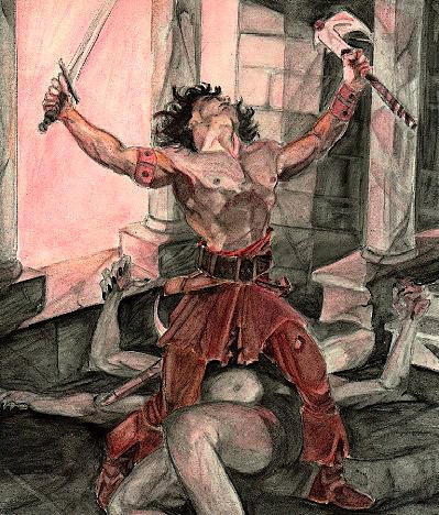 Pencil and color drawing of a shirtless barbarian raising a sword over a pile of fallen bodies