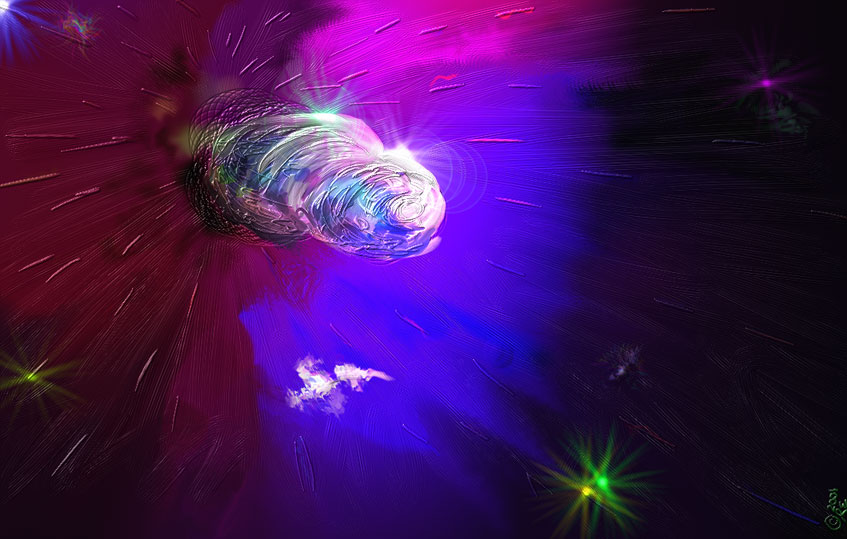 Glowing white comet streaking through a vivid purple and magenta starfield