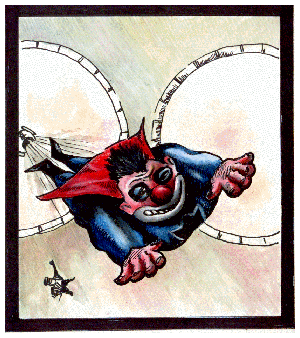 Drawing of a grinning clown in a red cape flying through a circular ring