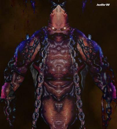 3D render of a hulking red horned creature wrapped in heavy chains