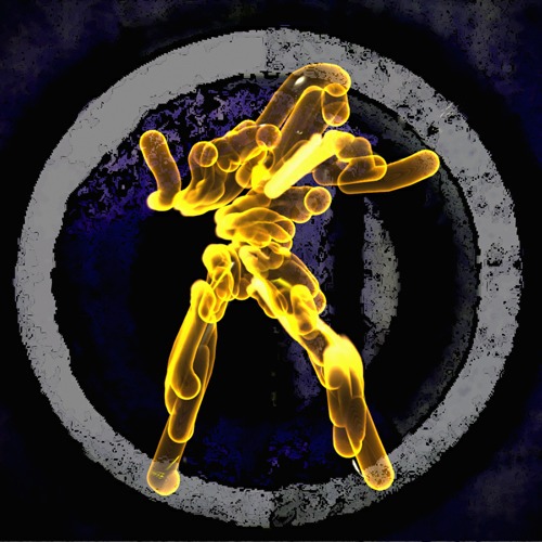 A glowing golden figure made of translucent tubes leaping inside a grey stone ring