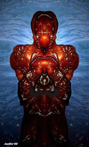 Digital art of a symmetrical red armored humanoid figure against a dark blue background