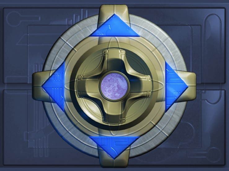 A metallic game-controller-like disc with four blue arrow buttons around a central dome