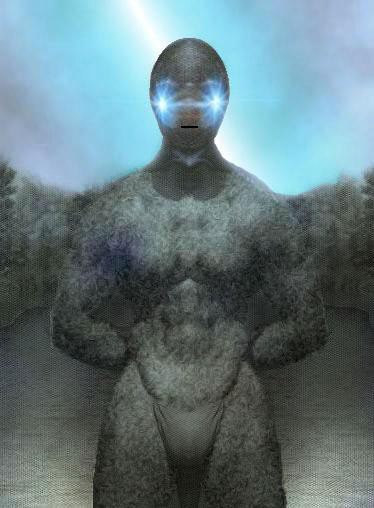 A tall grey moss-covered humanoid with glowing eyes standing in pale light