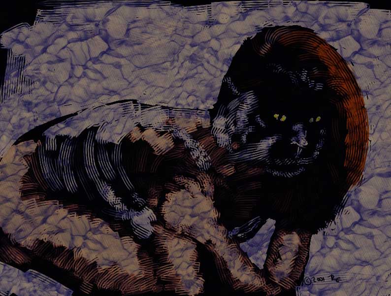 Dark textured image of a panther's head with a glowing eye beside a round shield