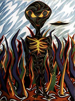 Stylized drawing of a dark alien with a glowing ribcage standing among red and blue flames, a flying saucer above