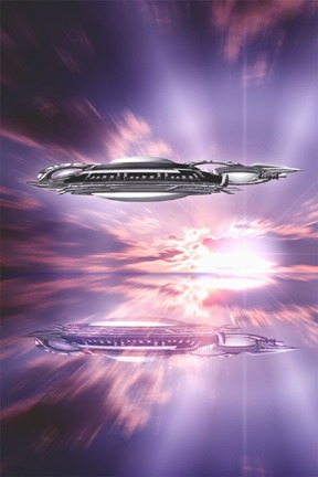 Two long silver spaceships streaking through a burst of pink and violet light