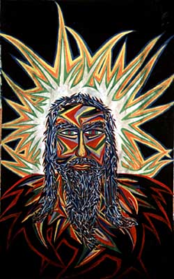 Stylized portrait of a bearded Jesus with a spiky orange halo against black