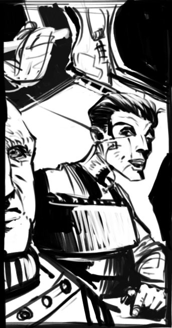 Black and white comic-style drawing of a man's face beside a robot and machinery