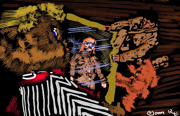 Chaotic colorful sketch of a figure being unwrapped amid orange shapes, stripes and blue light beams