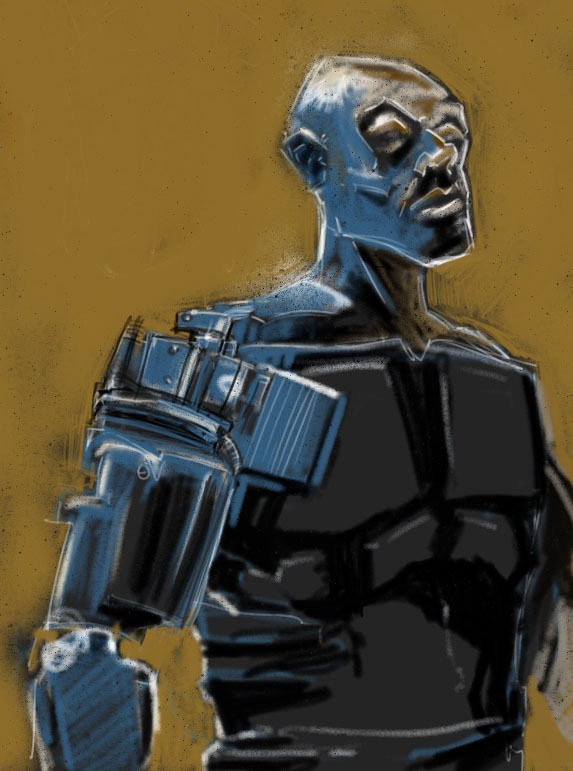 Painted portrait of a bald man in dark armor with a mechanical arm against an ochre background