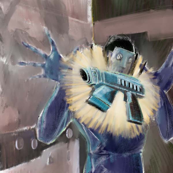Painting of a figure in a fur-trimmed hood thrusting a blue ray gun toward the viewer