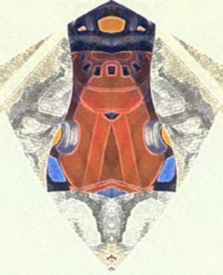 Symmetrical kaleidoscopic digital art of a red and blue horned bull-like mask on a pale background
