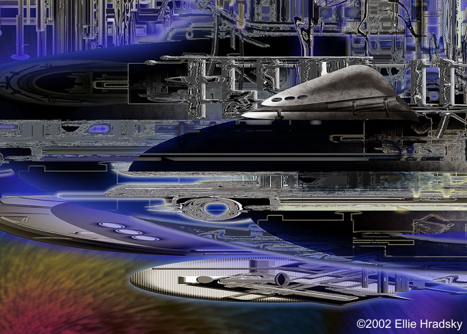 Closeup of the Pisces Quad starship showing landing platforms, tracking stations and an observation deck against a blue-purple glow