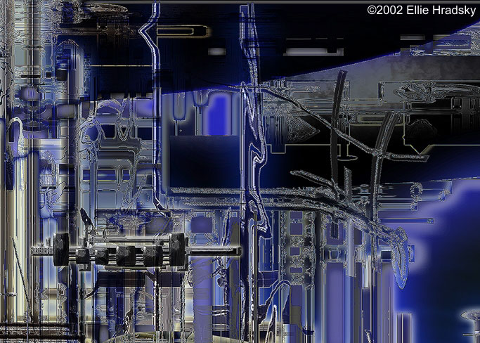 Closeup of the Pisces Quad hull with bent railings and dense vertical machinery
