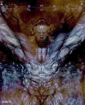 Dark grotesque digital art of a biomechanical face emerging from grey, wing-like organic forms