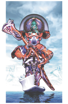 Surreal 3D render of a bulbous robotic figure in a glass dome, wrapped in orange tubes, standing in a white boat on water