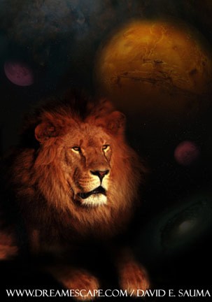 A lion's face glowing in a dark starry sky beneath a large orange planet