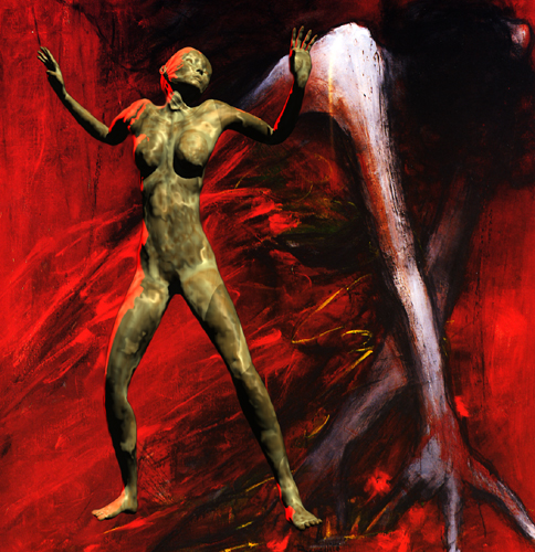 A bronze-skinned nude woman with arms raised against a swirling red background, a white jet streaming over her