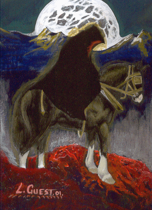 Painting of a cloaked rider on a dark horse on a red hillside beneath a huge white moon