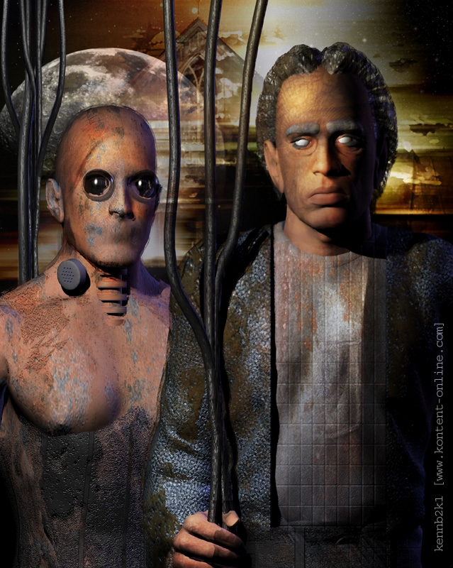 Portrait of a weathered old man beside a cyborg with a metallic face, in the style of American Gothic