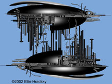 Render of the Pisces Storm Probe, a small mirrored spaceship with vertical towers between two hulls, on a blue background