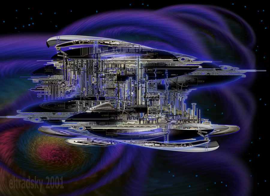 The Pisces Quad, an elaborate silver and purple starship with stacked hulls drifting through a glowing purple wormhole