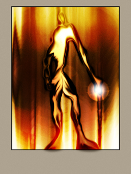 Abstract fiery orange humanoid figure holding a bright glowing orb, in a dark frame
