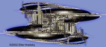 Render of the Quad starship, mirrored hulls joined by lit machinery, against a lavender background