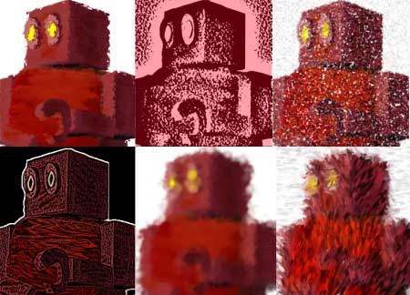 Six variations of a boxy red robot head with glowing yellow eyes, arranged in a grid