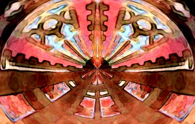 Kaleidoscopic fisheye image of pink and brown ornate arches radiating from a central point
