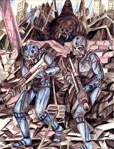Pencil and color drawing of two armored soldiers with rifles amid rubble, a monstrous face looming behind them