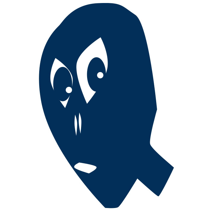 Simple navy-blue silhouette of a cartoon alien face with large white eyes