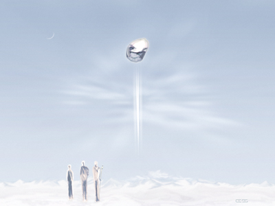 Pale misty landscape with three small figures standing below a floating silver sphere emitting a beam of light