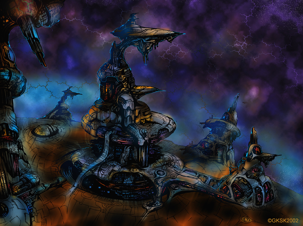 Digital painting of tangled biomechanical spires and creatures under a blue and orange cosmic sky