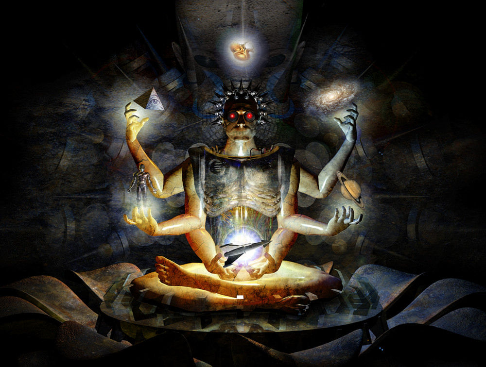 Digital art of a many-armed meditating cyborg figure holding glowing orbs, seated in a dark temple
