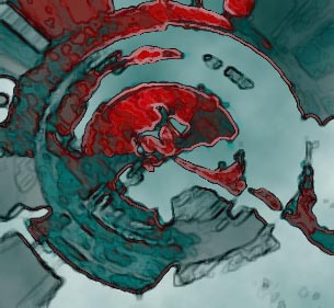 Abstract image of red and teal curving shapes resembling a broken circle in sand