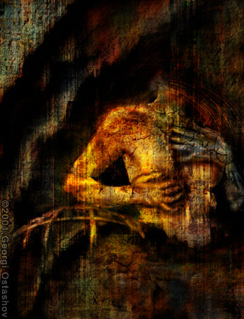 Dark textured painting of a hunched golden figure in shadow