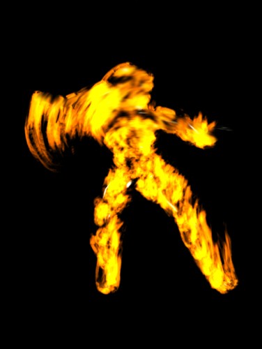 A human figure made entirely of flames running against a black background