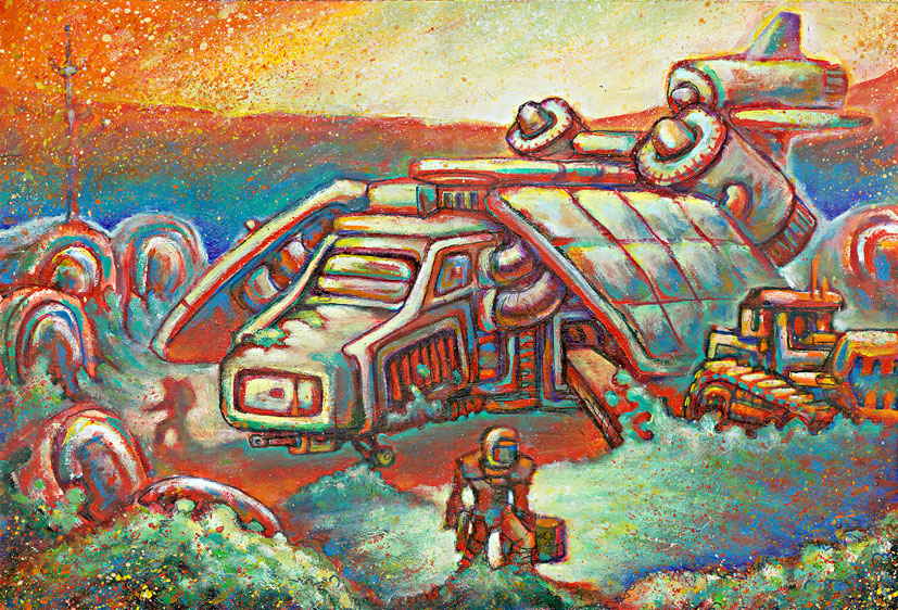 Colorful sketchy painting of a large boxy vehicle and a spacesuited figure on an alien landscape