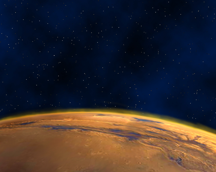 Rendering of the curved orange surface of Mars seen from orbit against starry space