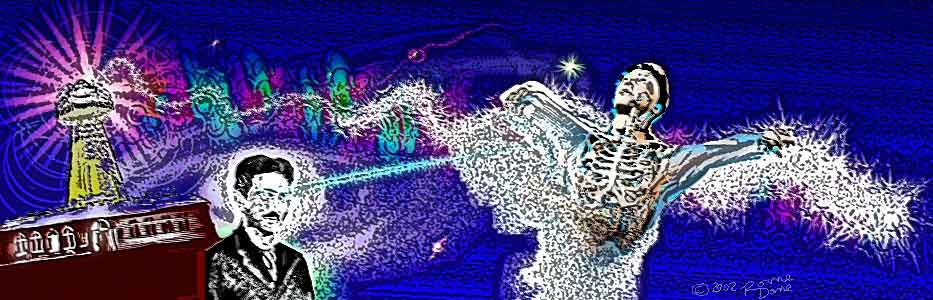 Scratchy neon drawing of a skeletal figure reaching out beside a lighthouse and a man's face at night